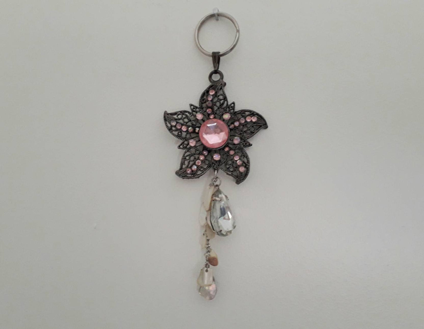 Hand made bag charm keyring silvertone and pink diamante flower with mother of pearl and diamante charms