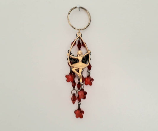 Hand made bag charm keyring with goldtone ballerina and red flower beads