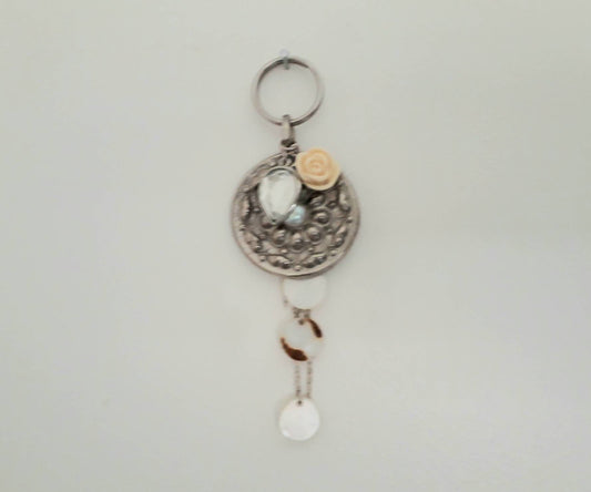 Hand made bag charm keyring silvertone flower disc, acrylic rose and mother of pearl tassel