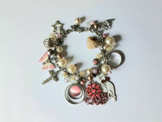 Hand made silvertone & pink charm bracelet