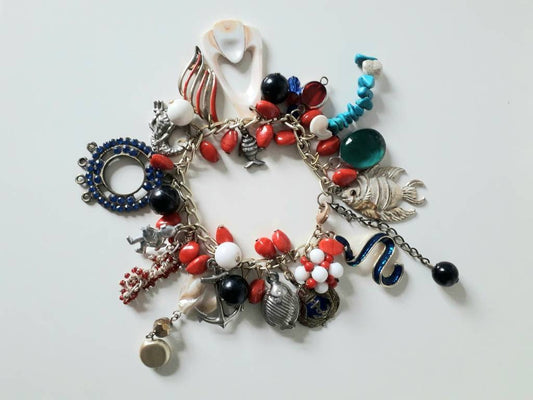 Hand made silvertone, blue & red nautical charm bracelet