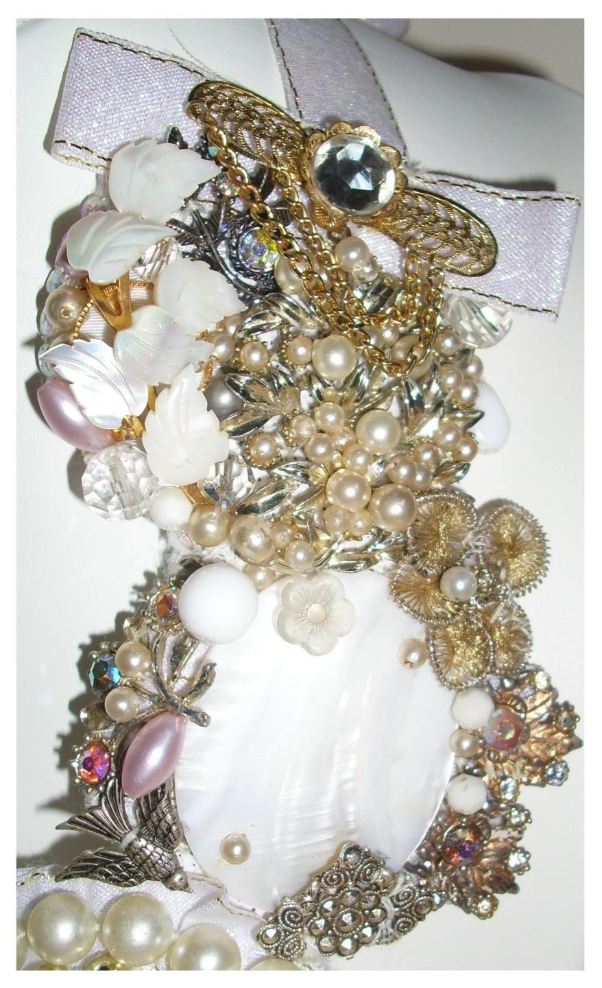 Hand made white bead, rhinestone & pearl assemblage statement necklace