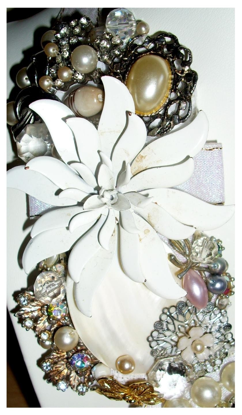 Hand made white bead, rhinestone & pearl assemblage statement necklace