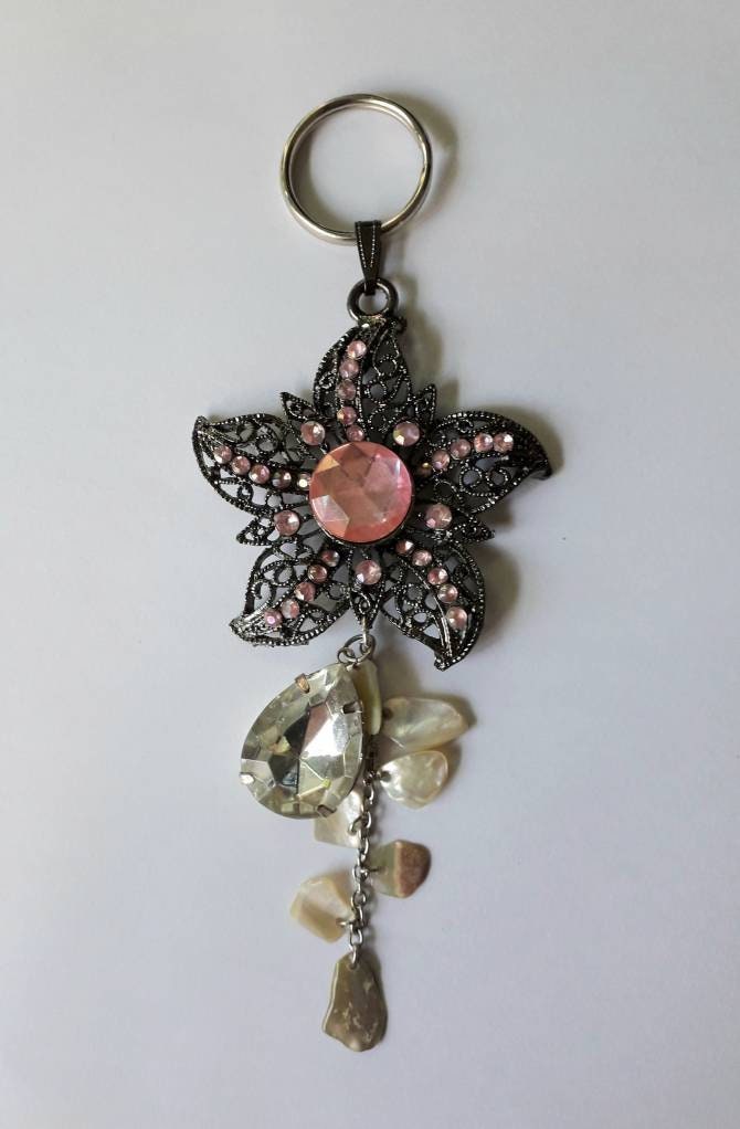 Hand made bag charm keyring silvertone and pink diamante flower with mother of pearl and diamante charms