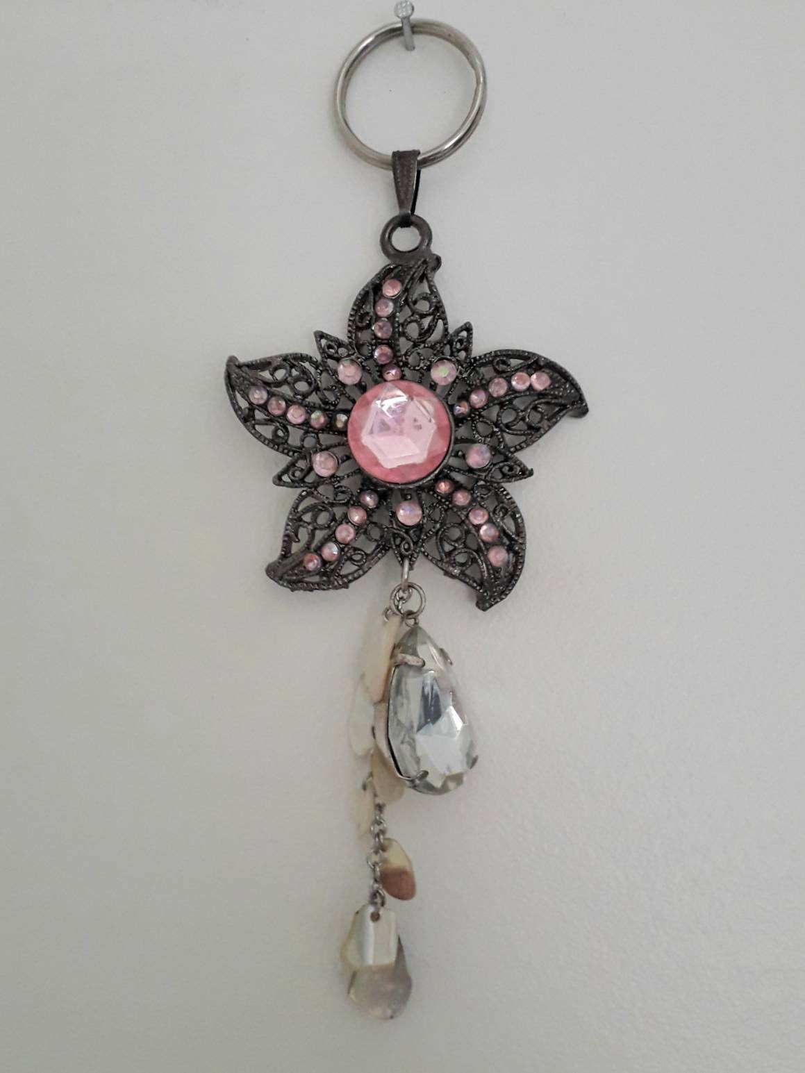 Hand made bag charm keyring silvertone and pink diamante flower with mother of pearl and diamante charms