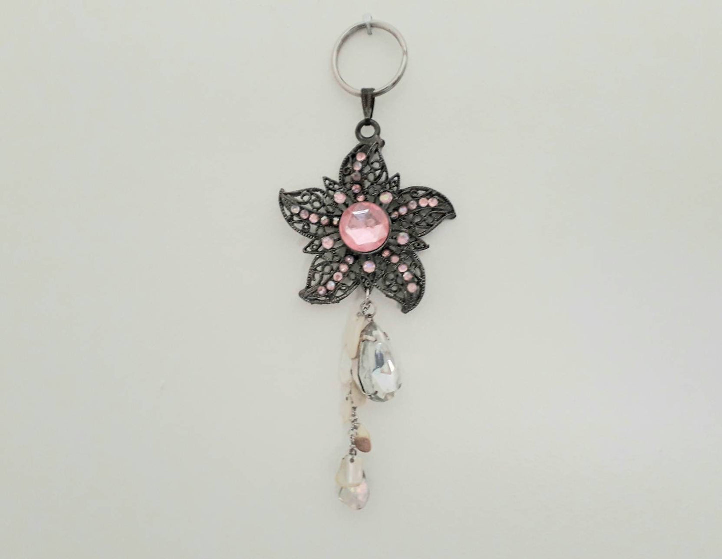 Hand made bag charm keyring silvertone and pink diamante flower with mother of pearl and diamante charms