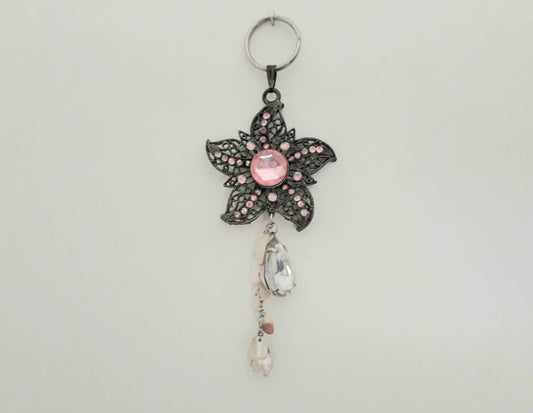 Hand made bag charm keyring silvertone and pink diamante flower with mother of pearl and diamante charms