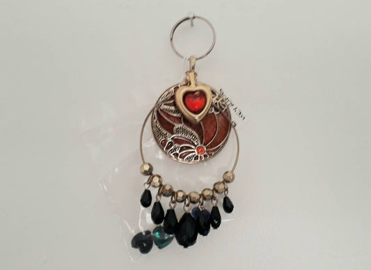 hand made purse charm keyring with brown cloisonne enamelled flower disc, bead tassels and colour change heart charm