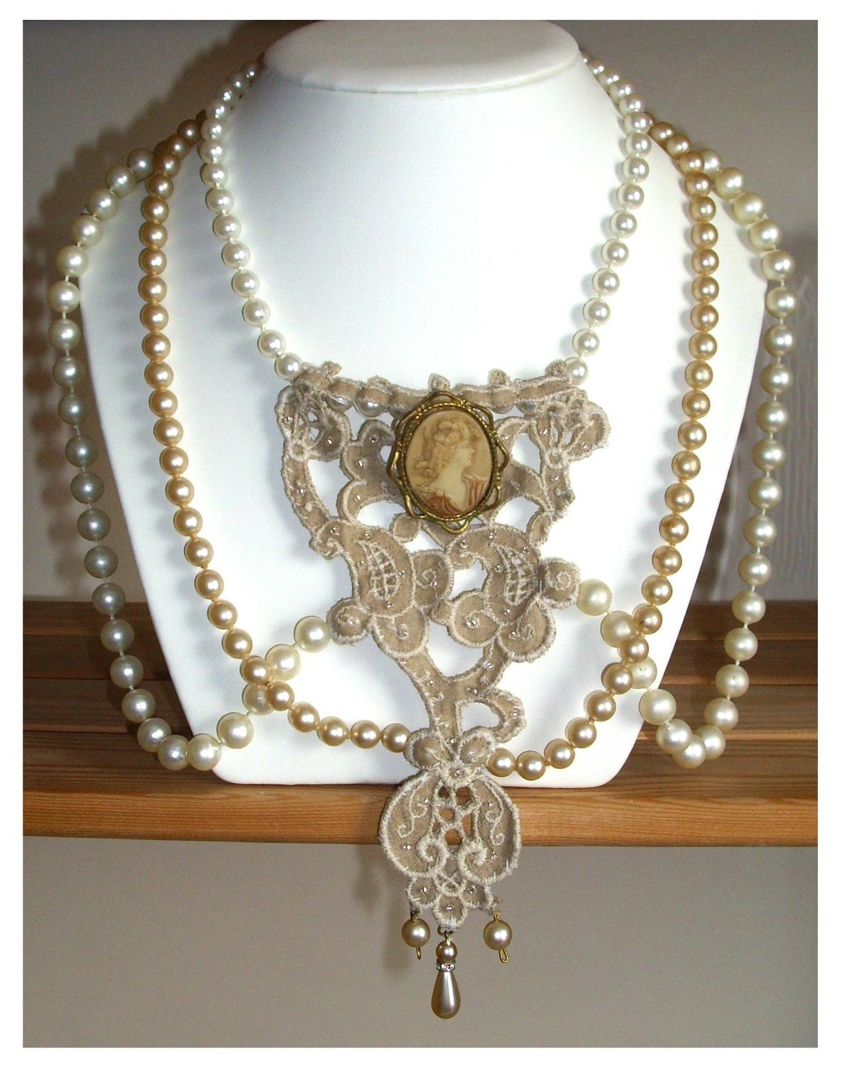 Hand made historical style pearl and vintage lace necklace