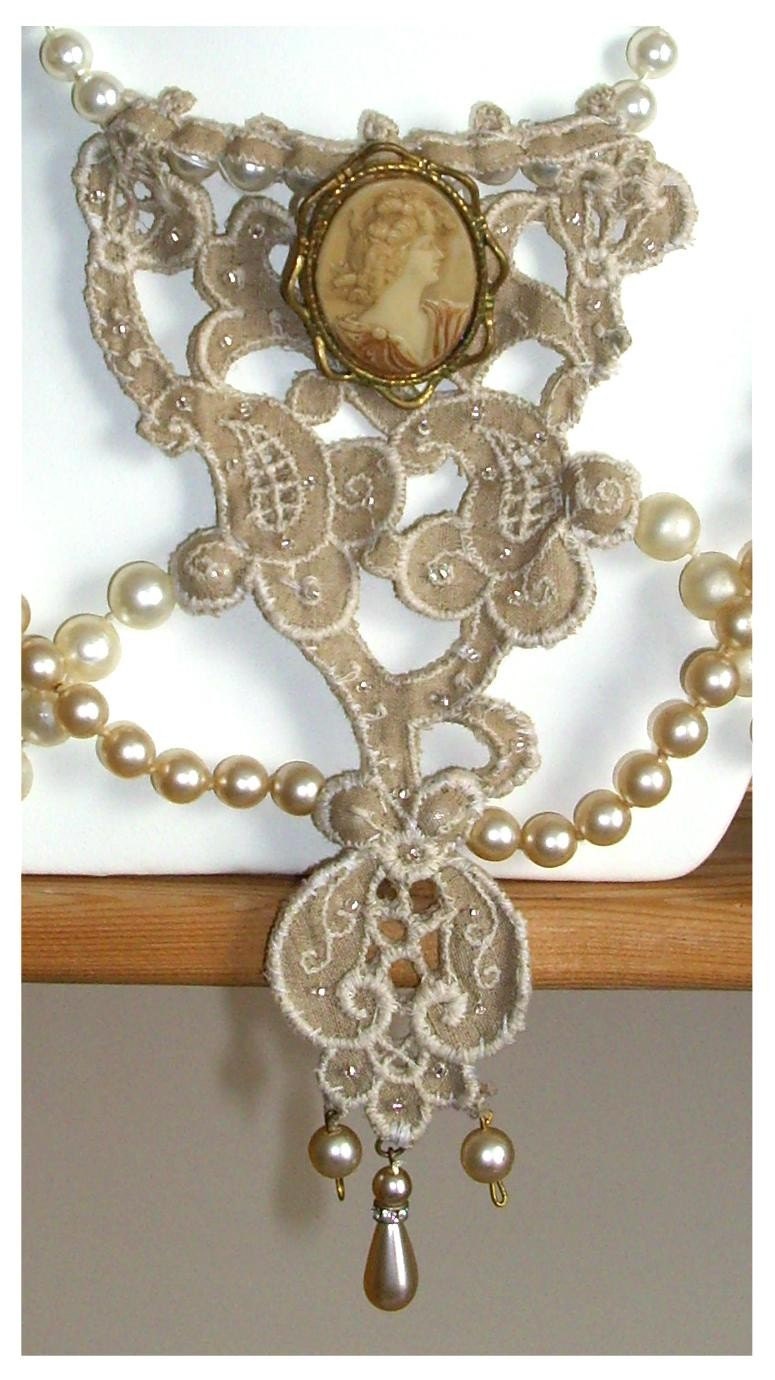 Hand made historical style pearl and vintage lace necklace