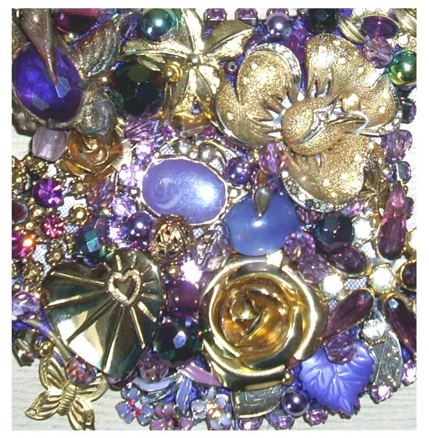 Purple and gold rhinestone and beaded assemblage statement necklace