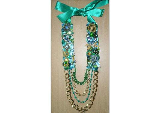 Hand made green & blue rhinestone and beaded statement necklace