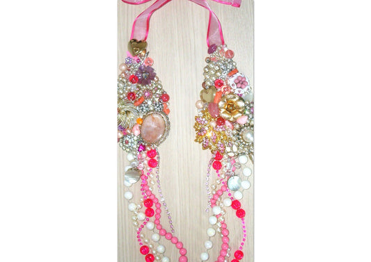 Pink and white rhinestone and beaded assemblage statement necklace