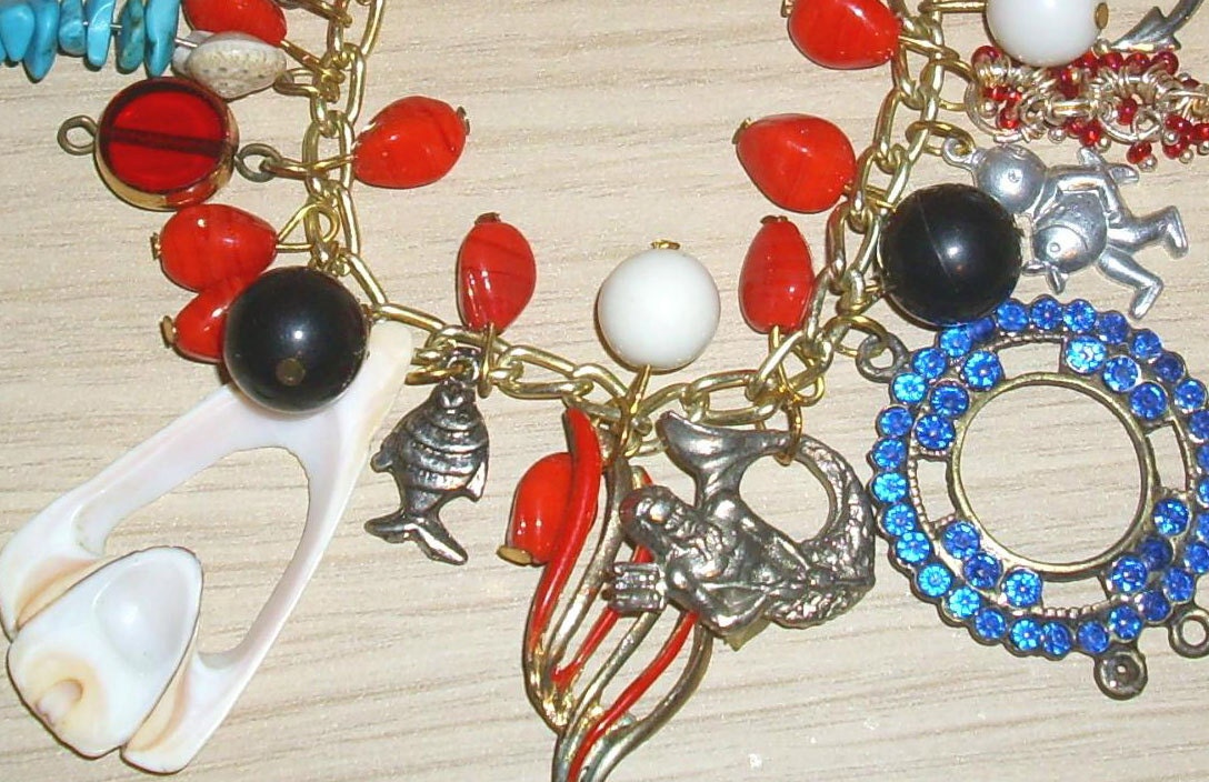 Hand made silvertone, blue & red nautical charm bracelet