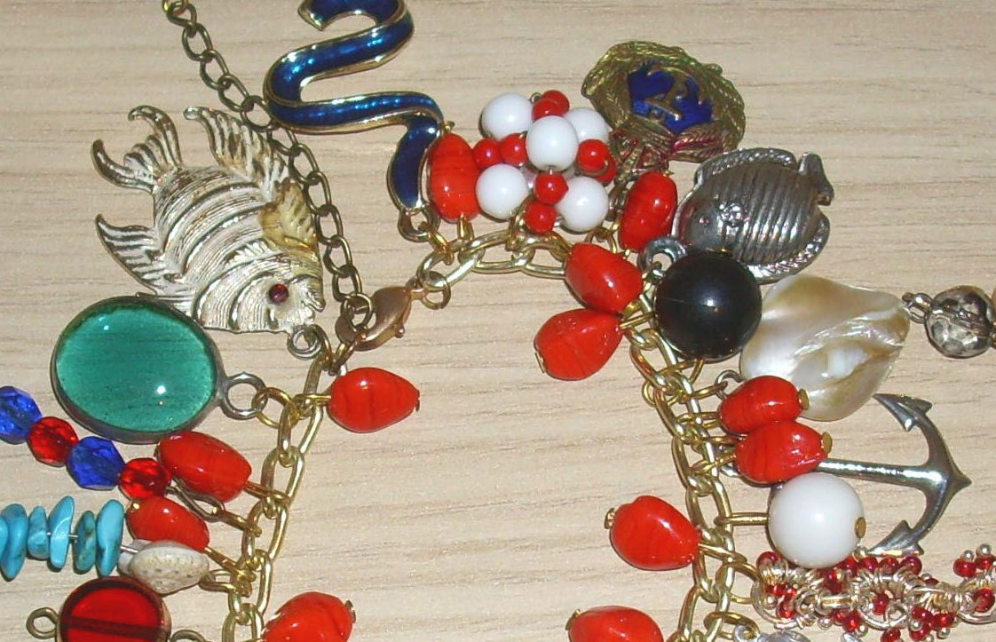 Hand made silvertone, blue & red nautical charm bracelet