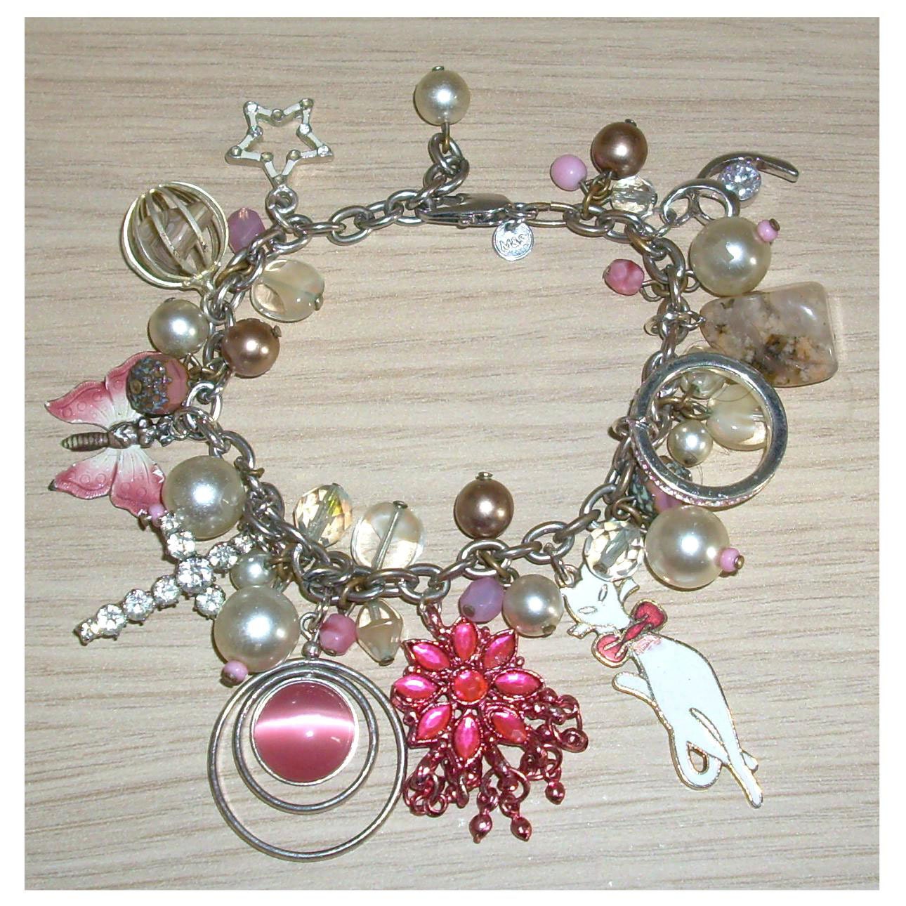 Hand made silvertone & pink charm bracelet