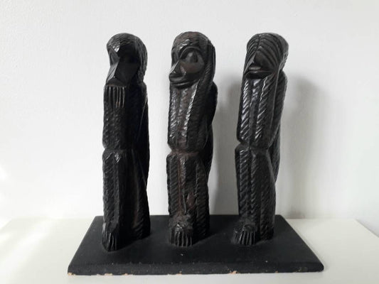 Vintage hand carved ebonised wood 3 wise monkeys figurine statue hear no evil, see no evil, speak no evil