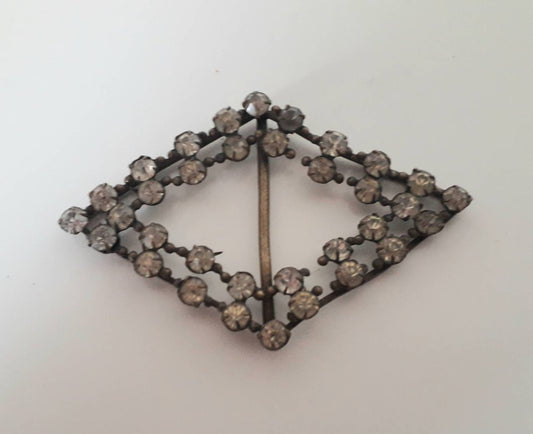 Antique Edwardian diamond shaped brass and clear rhinestone belt buckle