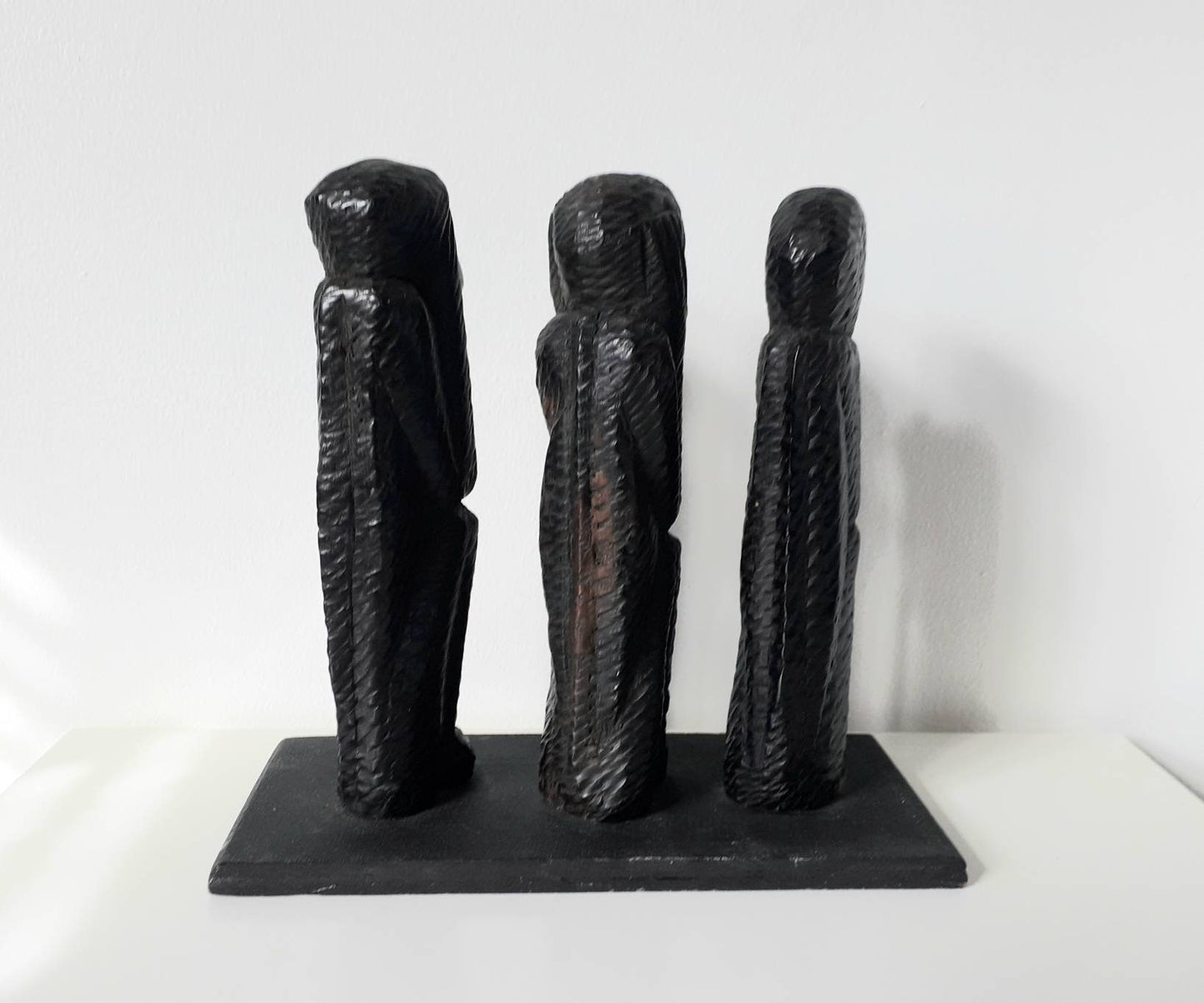 Vintage hand carved ebonised wood 3 wise monkeys figurine statue hear no evil, see no evil, speak no evil