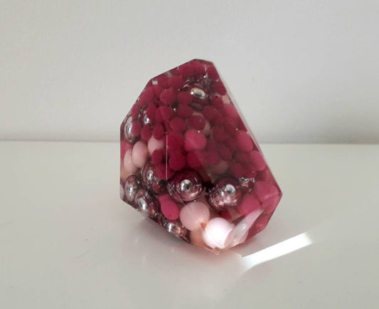 Hand made epoxy resin gem shaped paperweight inlaid with vintage pink beads