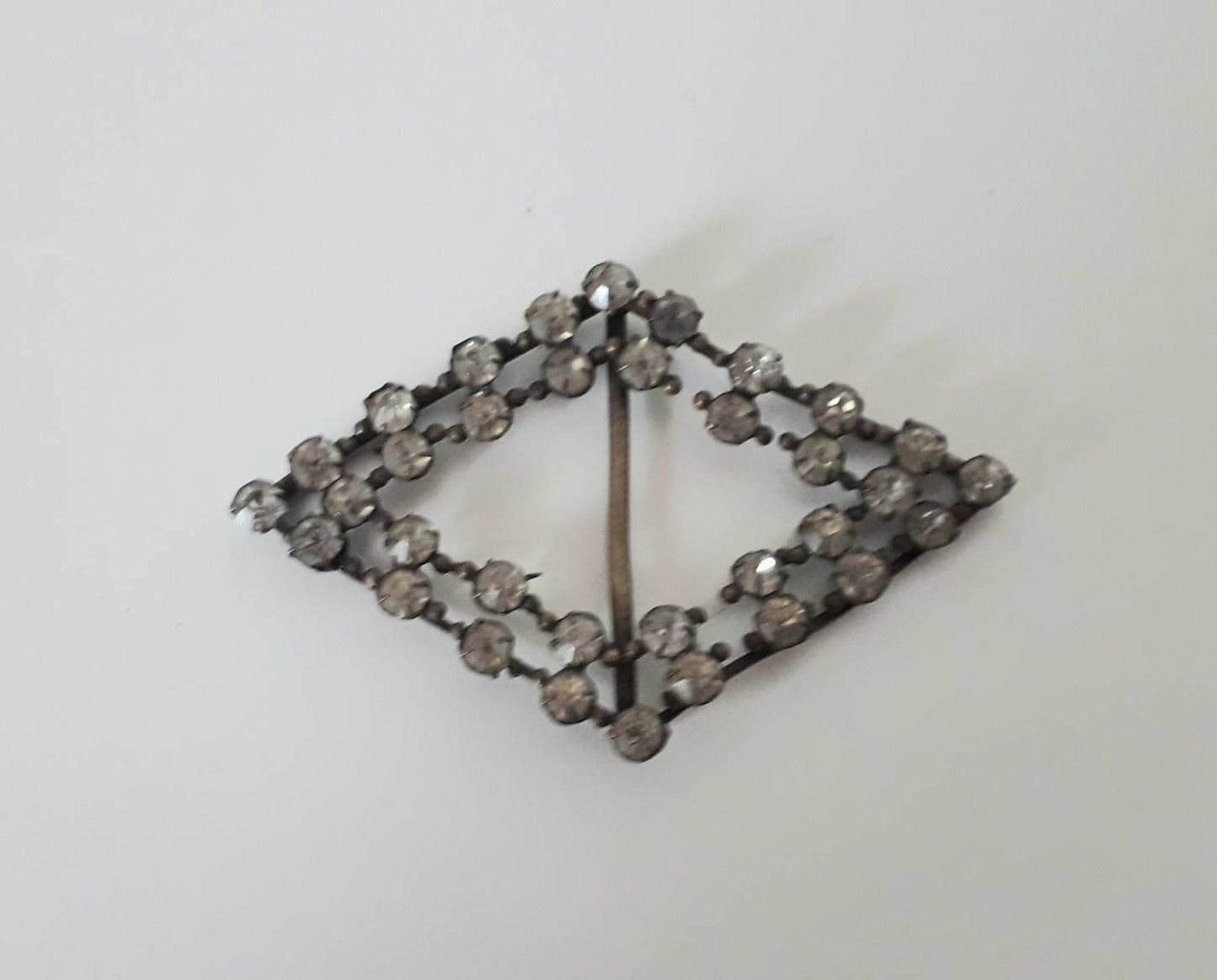 Antique Edwardian diamond shaped brass and clear rhinestone belt buckle