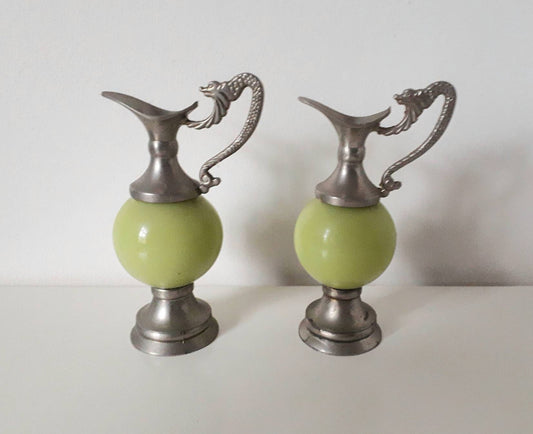 Pair of vintage retro mid century green onyx and silvertone dragon serpent handled decorative jug vases oriental Chinese style