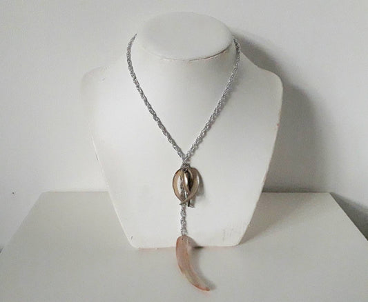 Hand made silvertone & mother of pearl tassel statement necklace