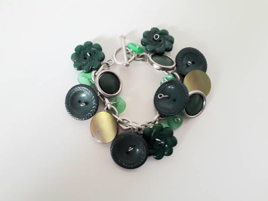Hand made green vintage button charm bracelet