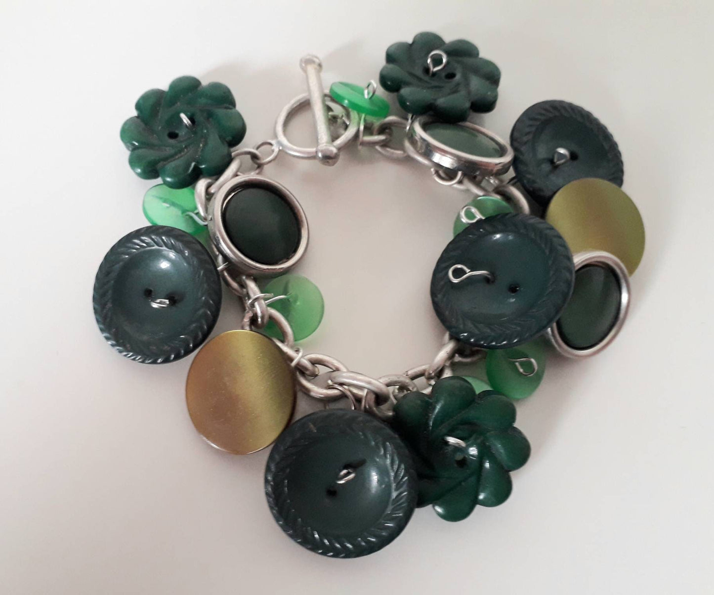 Hand made green vintage button charm bracelet