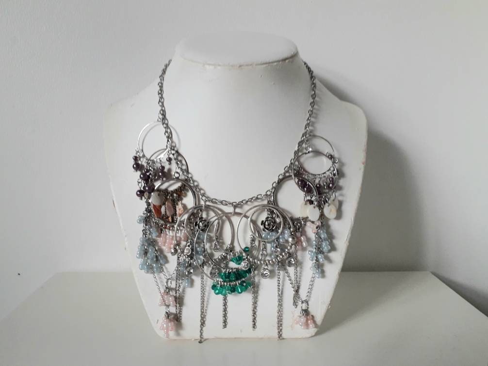 Hand made silvertone & pink & blue beaded tassel statement necklace