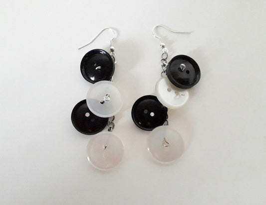 Hand made monochrome vintage button dangly earrings