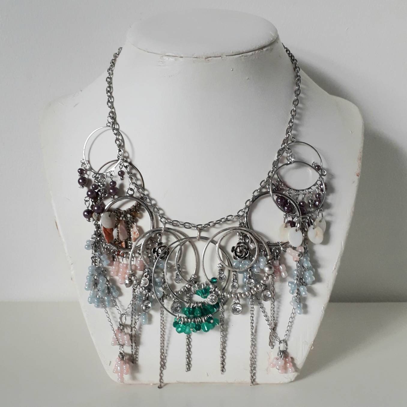 Hand made silvertone & pink & blue beaded tassel statement necklace