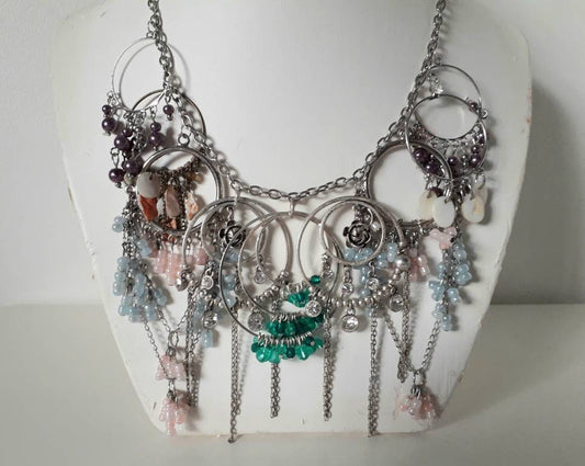 Hand made silvertone & pink & blue beaded tassel statement necklace