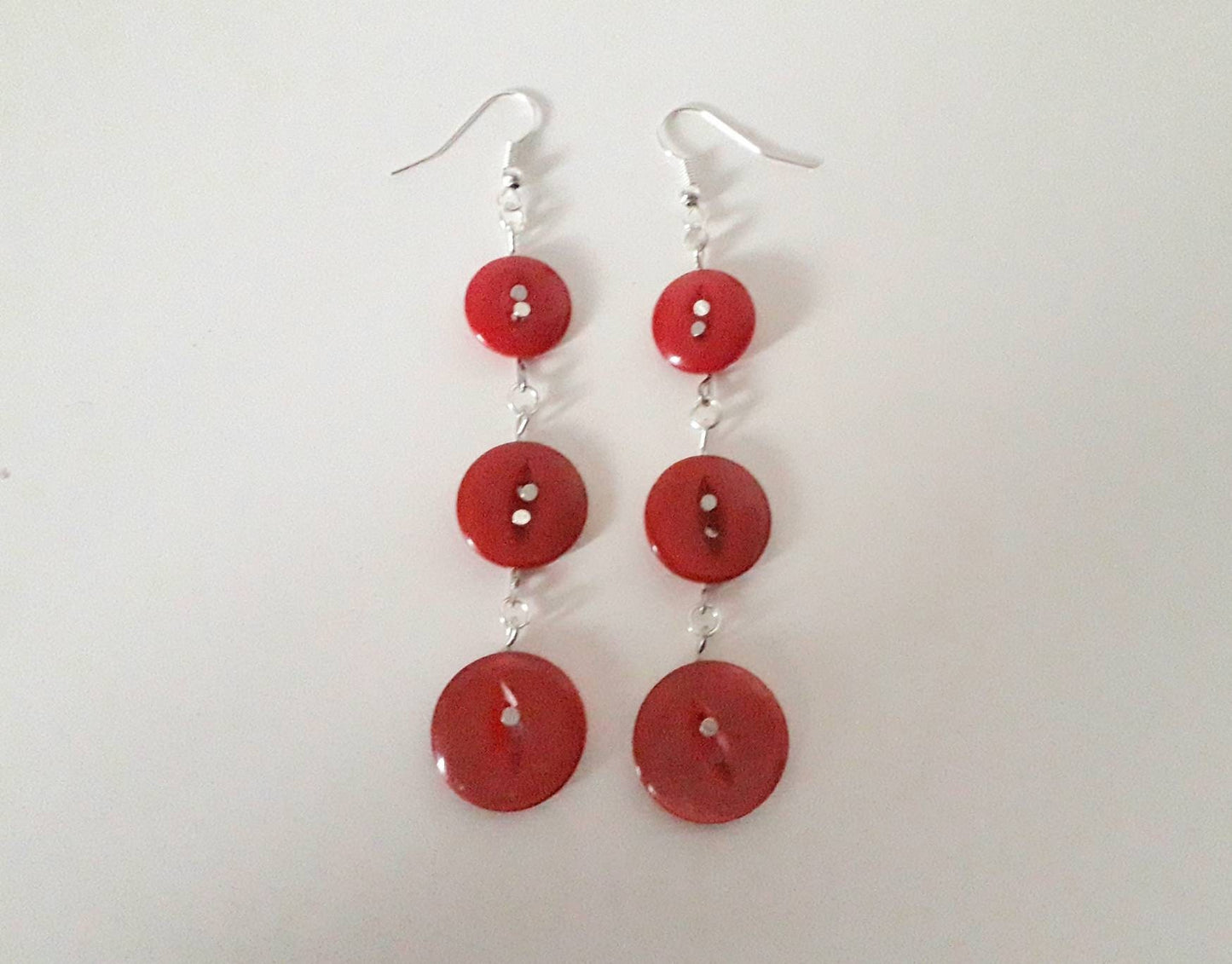 Hand made red vintage button dangly earrings