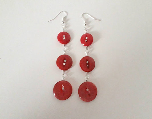 Hand made red vintage button dangly earrings