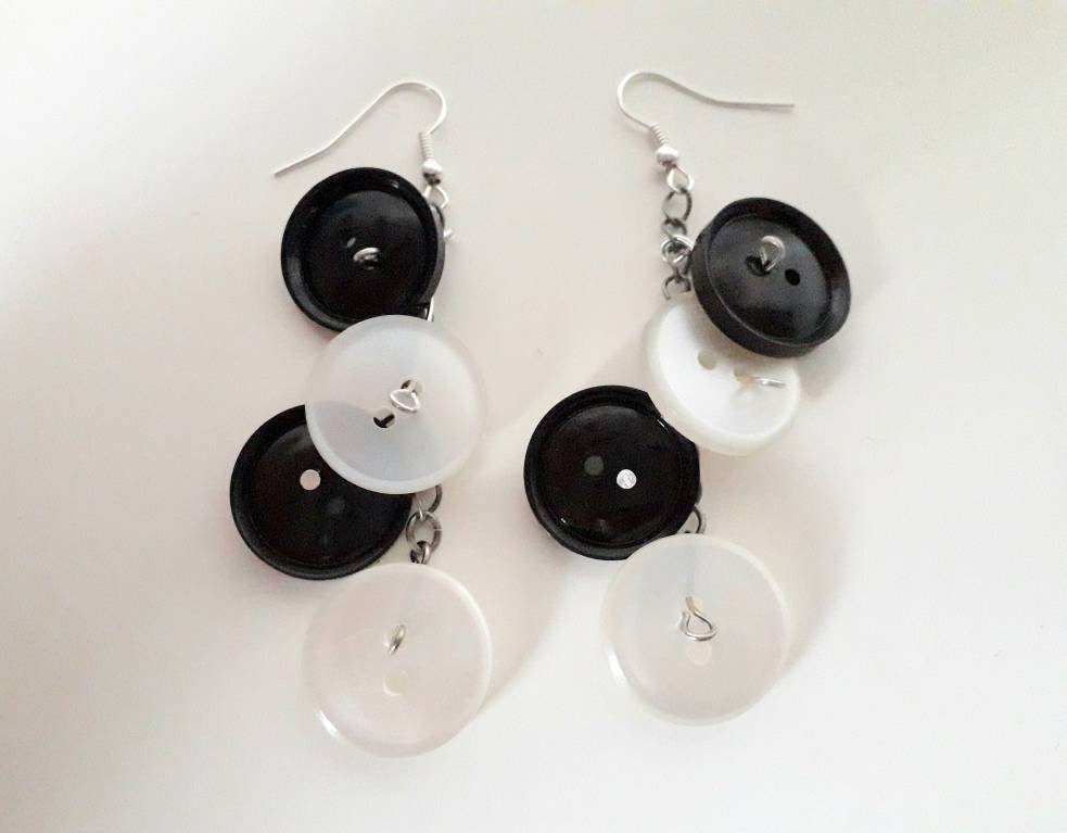 Hand made monochrome vintage button dangly earrings