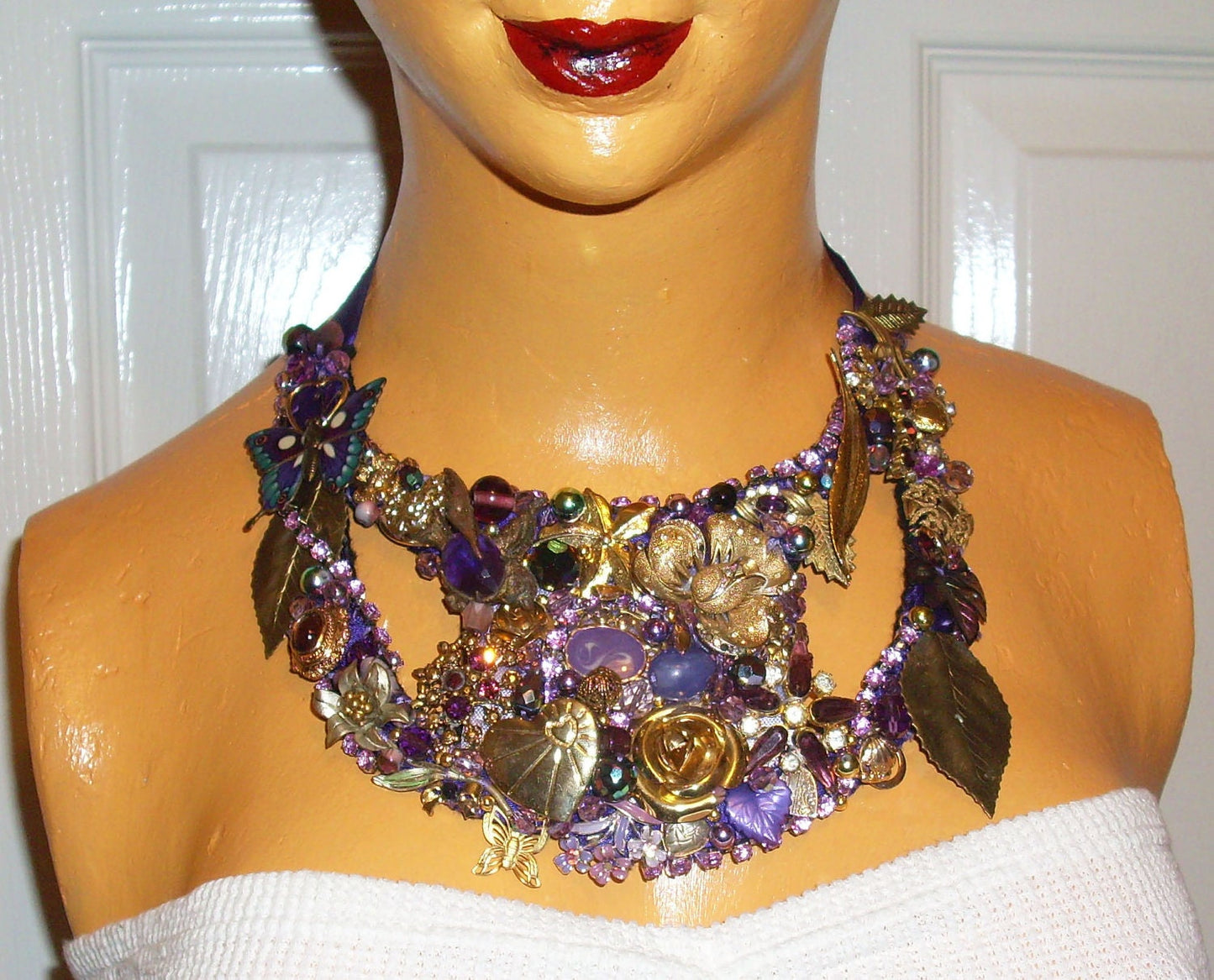 Purple and gold rhinestone and beaded assemblage statement necklace