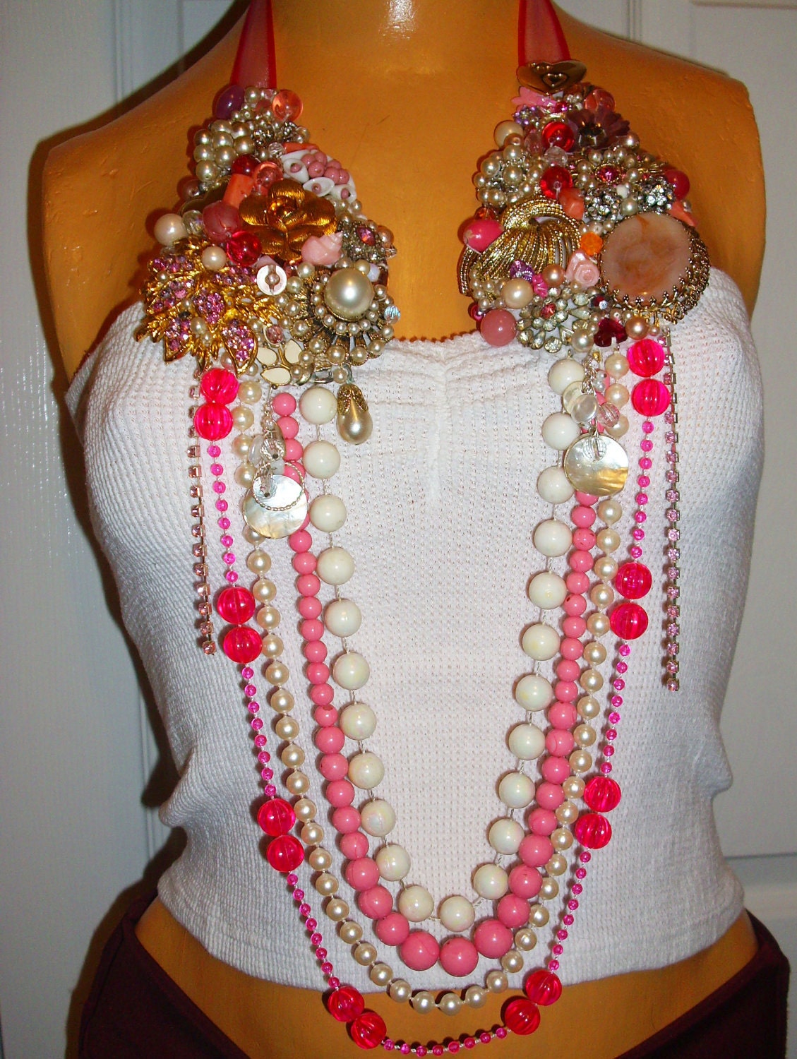 Pink and white rhinestone and beaded assemblage statement necklace