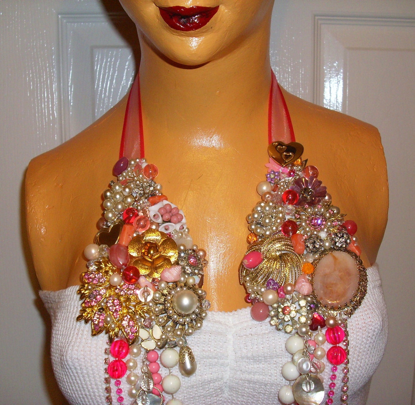 Pink and white rhinestone and beaded assemblage statement necklace