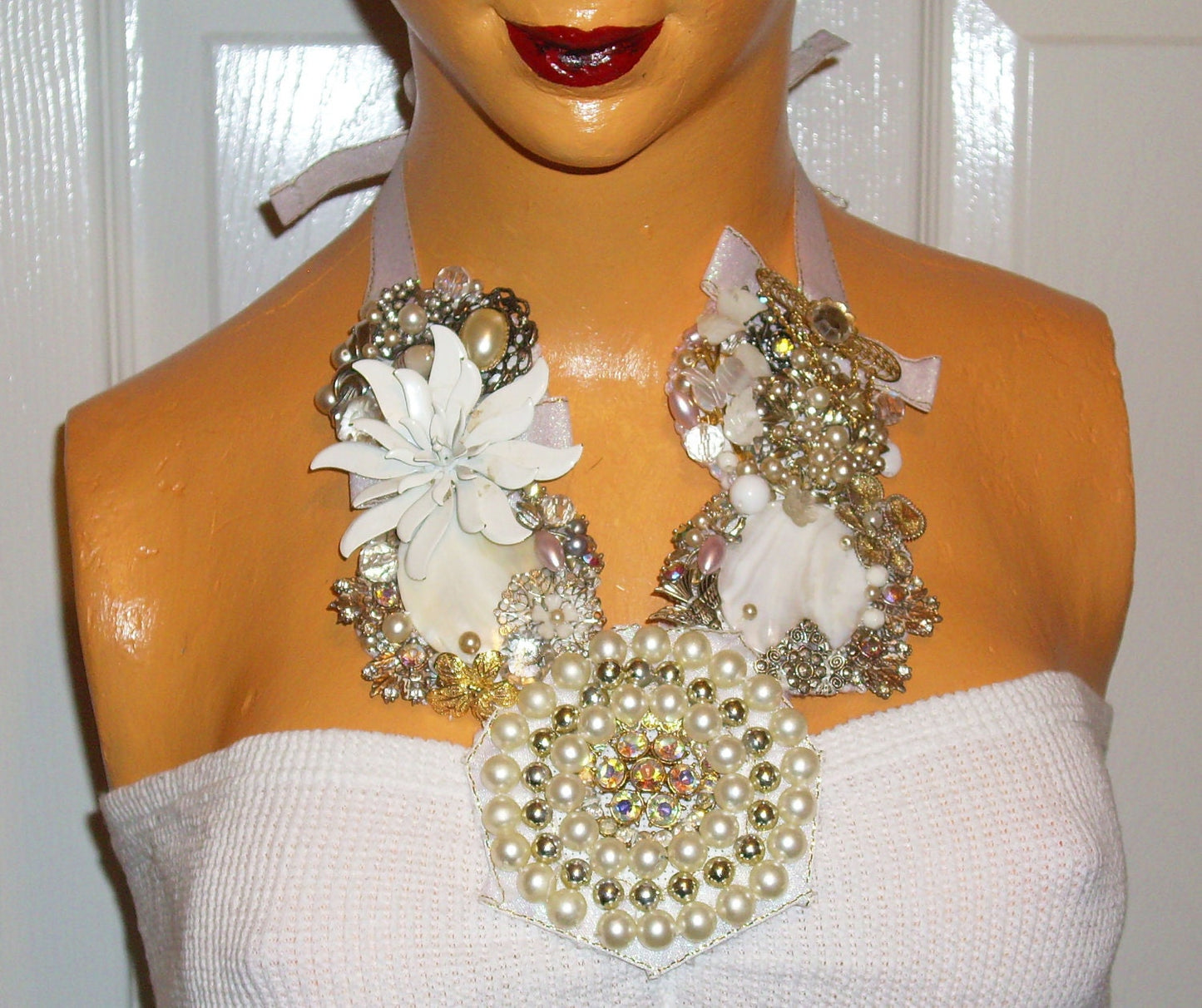 Hand made white bead, rhinestone & pearl assemblage statement necklace