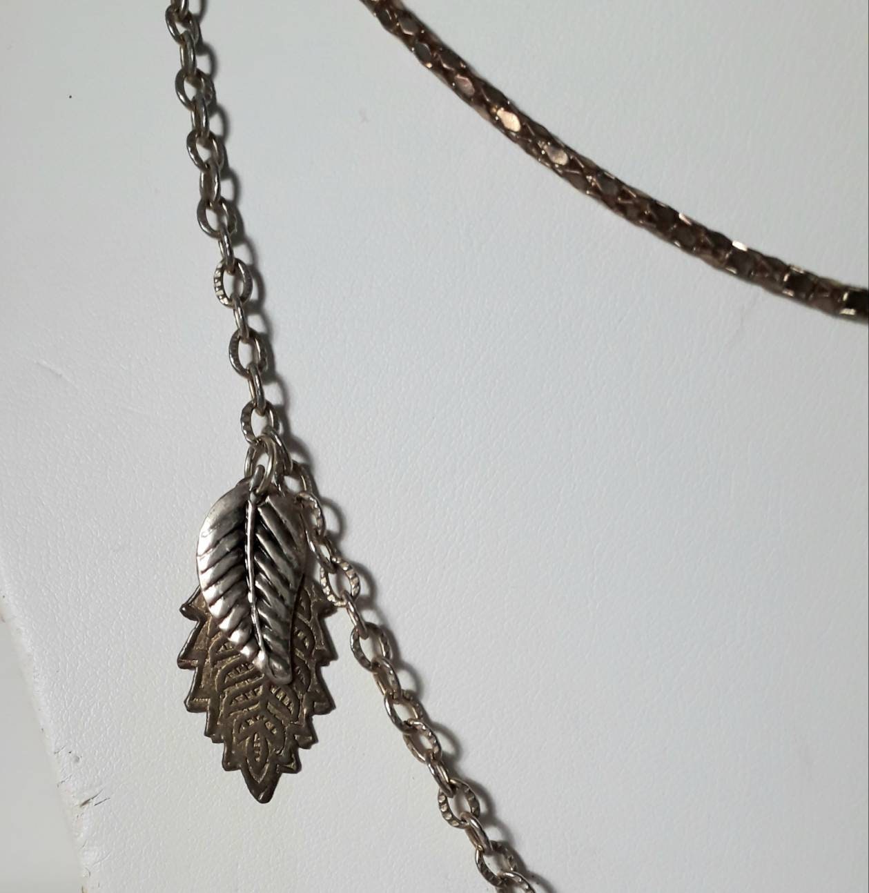 Hand made multi strand goldtone chain and leaf pendant necklace