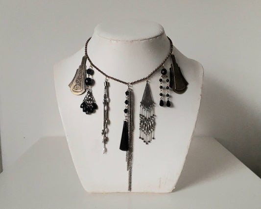 Hand made gold and silvertone & black facetted bead tassel necklace