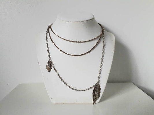 Hand made multi strand goldtone chain and leaf pendant necklace