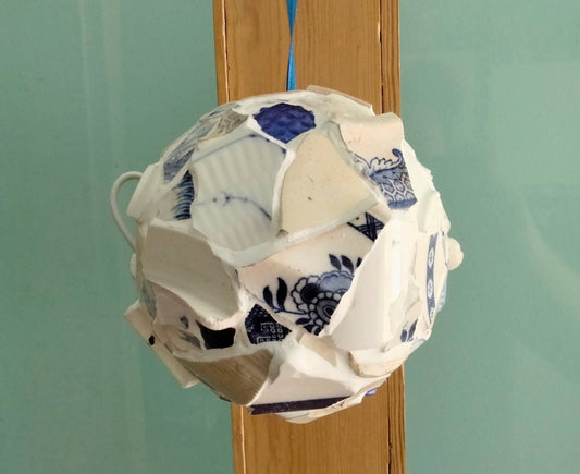 Hand made blue and white vintage mudlarked pottery sherd decorative hanging ball