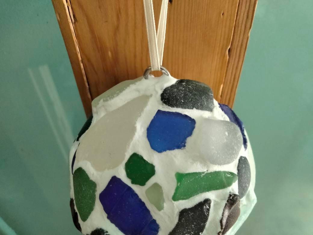 Hand made blue, green & clear beachcombed sea glass decorative hanging ball