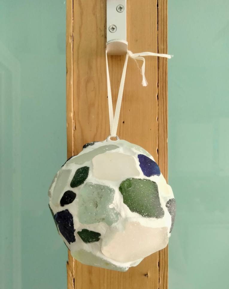 Hand made blue, green & clear beachcombed sea glass decorative hanging ball