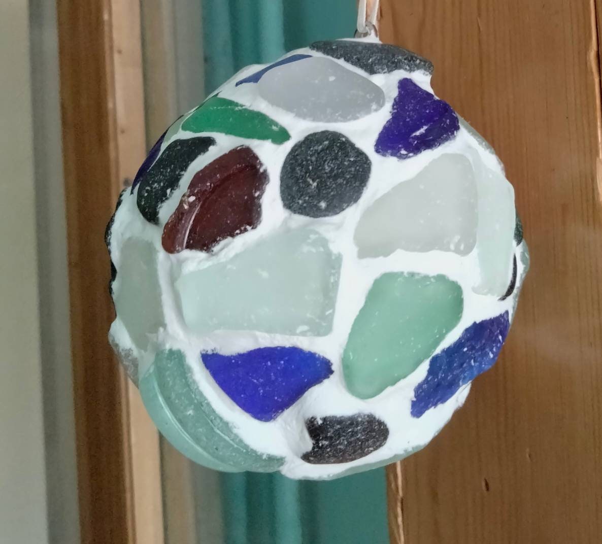Hand made blue, green & clear beachcombed sea glass decorative hanging ball