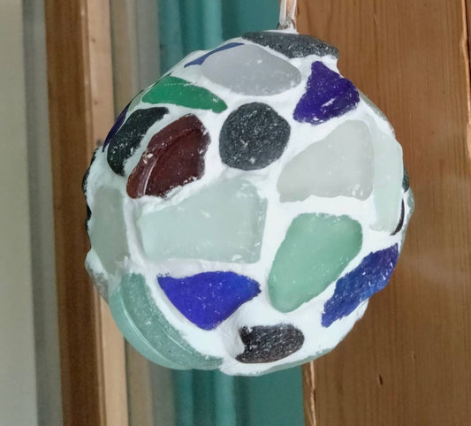Hand made blue, green & clear beachcombed sea glass decorative hanging ball