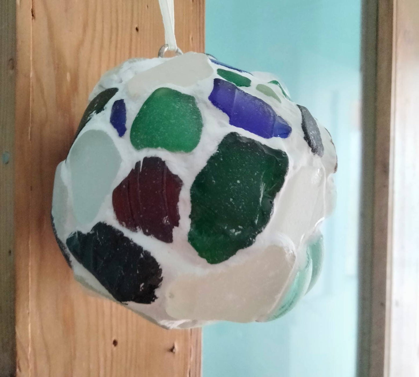 Hand made blue, green & clear beachcombed sea glass decorative hanging ball