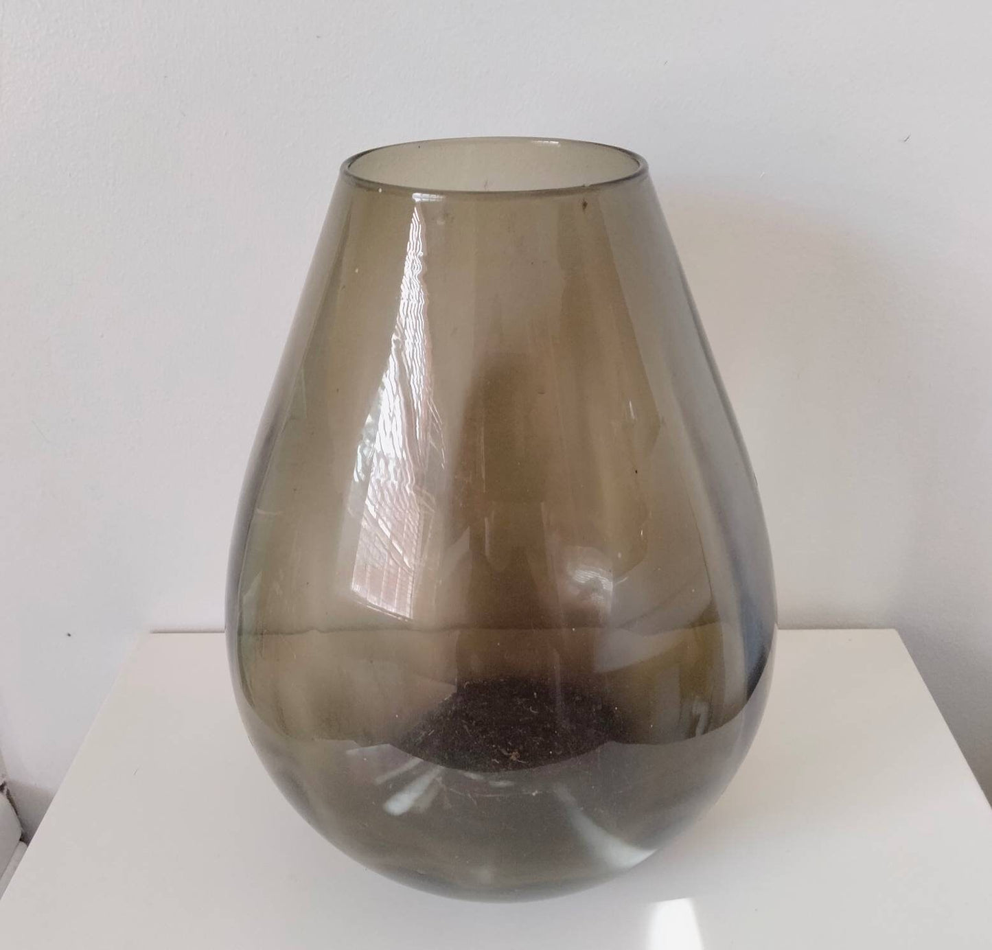 Large Czech Sklo mid century pewter grey ribbed glass fishbowl vase